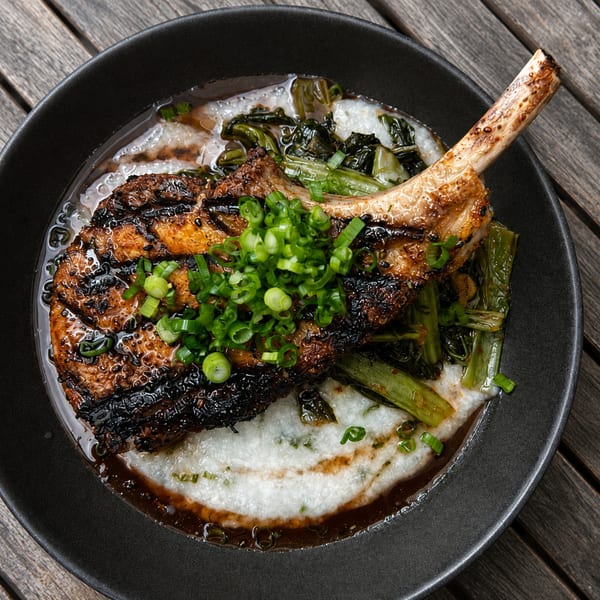 Grilled pork chop with collard greens, grits, and scallions in a black bowl on a wooden table.